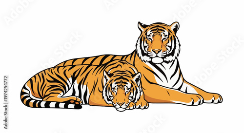 Two stylized tigers, one resting its head on its paws, the other lying behind