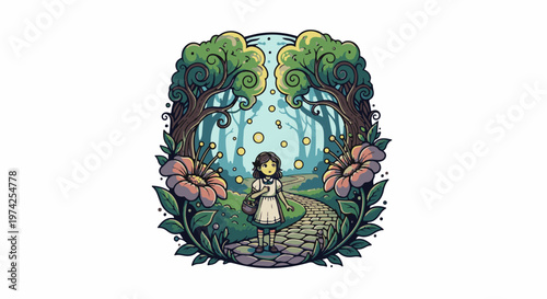 A whimsical girl stands on a stone path in a magical forest with glowing orbs