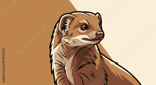 Stylized illustration of a brown weasel with dark outlines, looking right