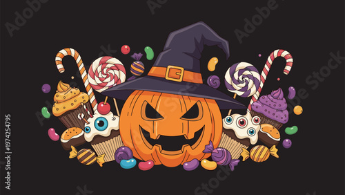 Spooky jack-o-lantern wearing a witch hat surrounded by colorful Halloween candies lollipops and creepy eye cupcakes.