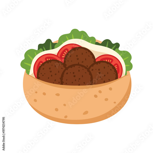 Falafel pita sandwich with vegetables vector illustration isolated on white background