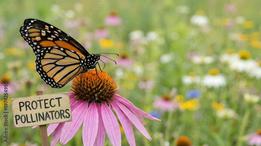 Obraz premium A monarch butterfly rests on a vibrant purple coneflower next to a 'Protect Pollinators' sign in a sunny field of wildflowers.