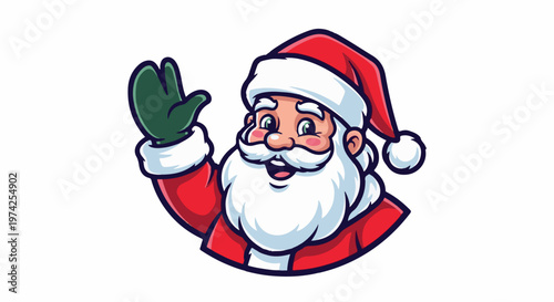 Cheerful cartoon Santa Claus with a jolly expression and green-gloved hand raised in greeting