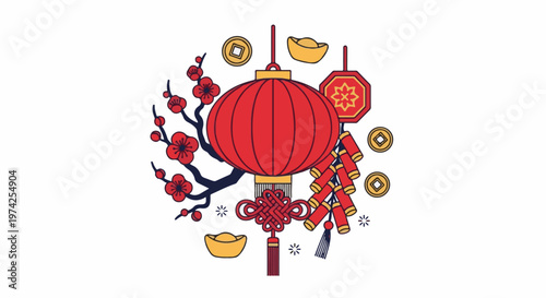 Festive red lantern, auspicious gold ingots, blooming plum blossoms, and firecrackers adorn a white background