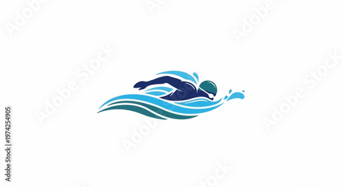 A swimmer in profile glides through stylized blue and green waves