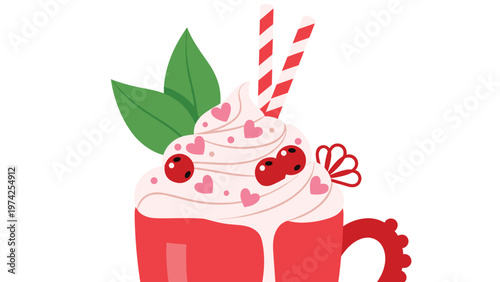 Festive red mug overflowing with whipped cream decorated with pink hearts red berries and red and white straws.