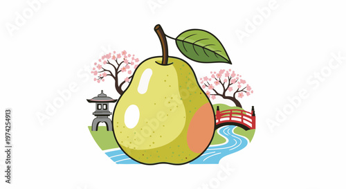 A stylized pear with a Japanese garden scene featuring cherry blossoms, a bridge, and a pagoda