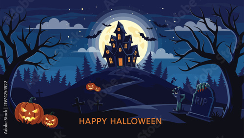 Spooky haunted house on a hill illuminated by a full moon and surrounded by glowing pumpkins and a dark graveyard.