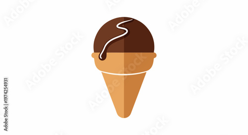A single scoop of chocolate ice cream in a cone, drizzled with white icing