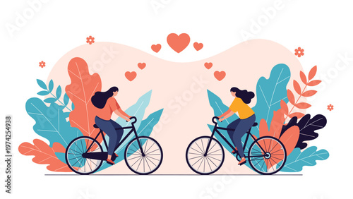 Romantic scene of two women cycling towards each other in a colorful autumn park with hearts floating between them.