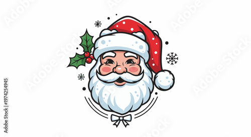 Cheerful Santa face with holly, snowflakes, and a bow