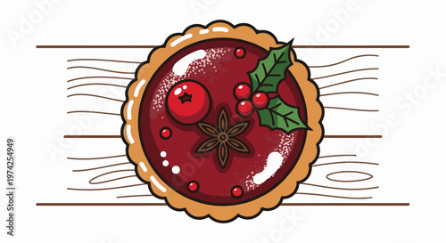 A festive berry tart with a star anise, holly, and cranberries on a wooden surface