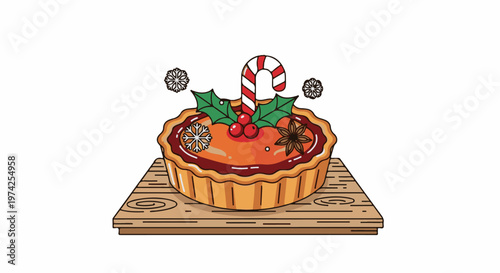Festive pie with candy cane, holly, berries, snowflakes, and star anise on a wooden board