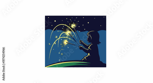 Child in silhouette holding sparklers against a starry night sky