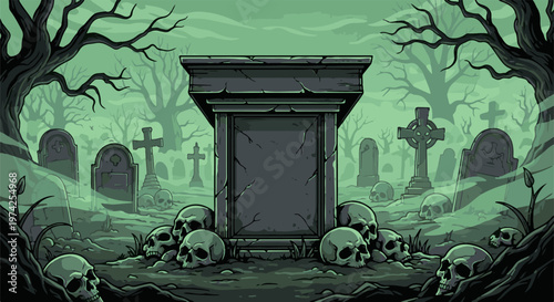 A pixelated graveyard scene with tombstones, skulls, and gnarled trees under a misty green sky