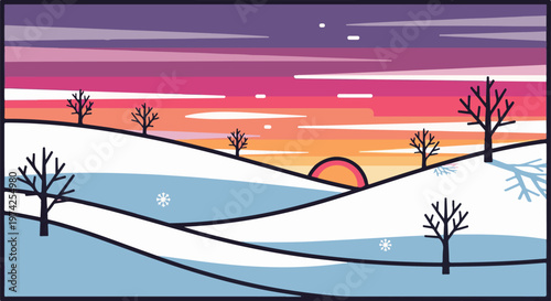 Stylized winter landscape with snow-covered hills, bare trees, and a gradient sunset sky