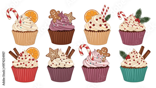 Assorted collection of eight Christmas cupcakes decorated with gingerbread men candy canes and festive fruits.