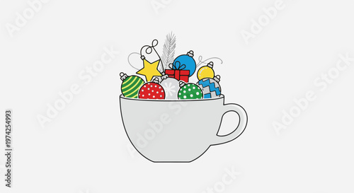 White cup filled with festive ornaments, star, and a small gift