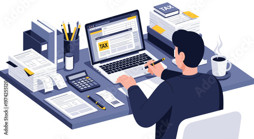 Professional accountant busy with tax paperwork at a desk. Laptop displays tax forms, calculator nearby. Stacks of documents suggest complex financial tasks.