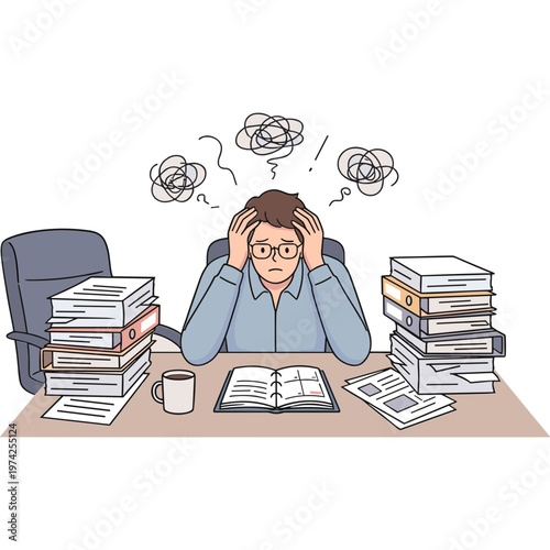 A stressed man sits at a cluttered desk surrounded by stacks of papers and books