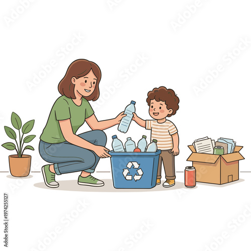 Woman and child recycling plastic bottles into a bin at home
