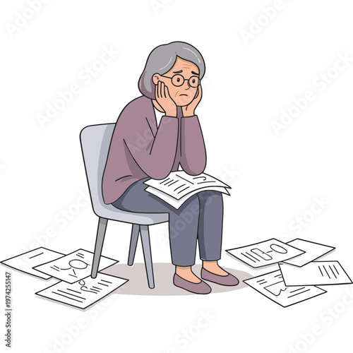 An elderly woman sits on a chair stressed with papers around her.