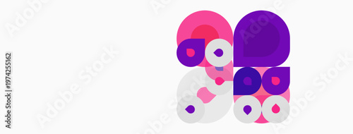 Abstract composition featuring overlapping circles. Pink, purple, white hues create dynamic visual interest. Minimalist design, modern aesthetic.