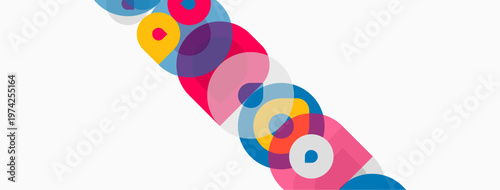Abstract colorful circles overlap diagonally. Bright hues create dynamic visual pattern. Simple shapes, modern design.