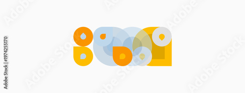 Abstract shapes overlap, creating playful composition. Yellows, blues dominate design. Minimalist aesthetic, modern feel.