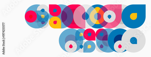 Colorful overlapping circles create abstract pattern. Bright hues dominate composition, suggesting playful design. Simple shapes, modern aesthetic.