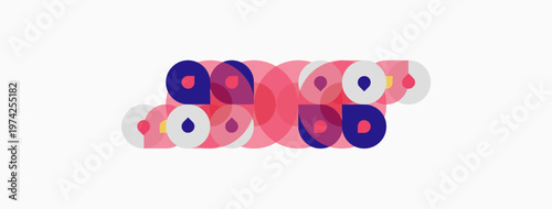Abstract design features overlapping circles, pinks, purples. Minimalist composition creates playful visual rhythm. Simple shapes suggest connection.