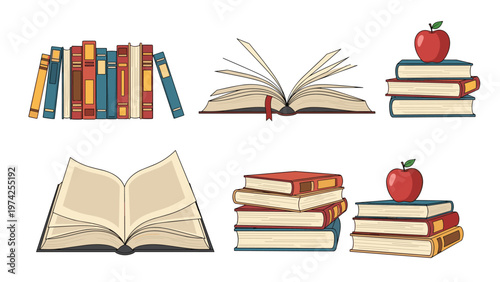 Collection of various books in stacks and open positions with a red apple represents education, learning, and knowledge.