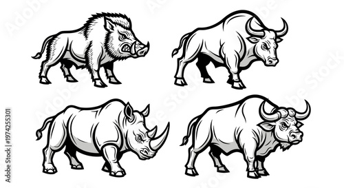 Four rhinoceroses in different poses.