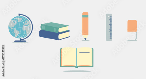 Globe books and school supplies.