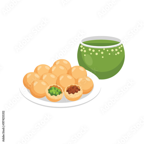 Indian street food pani puri with green chutney bowl vector illustration isolated on white