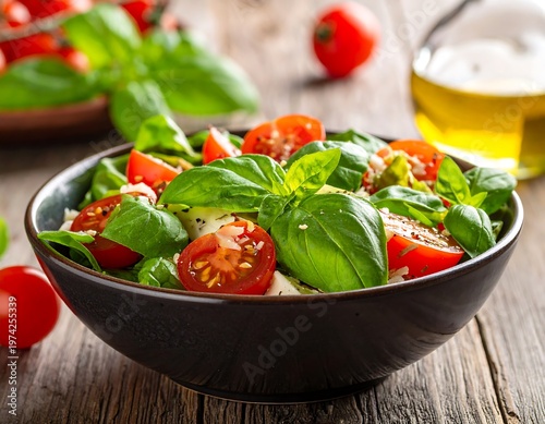 A close-up shot of a fresh salad in a dark bowl, with tomatoes and green basil. Olive oil bottle is visible. Wooden background