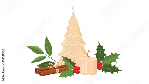Festive Christmas arrangement features white candles, cinnamon sticks, holly leaves, and red berries on a white surface.