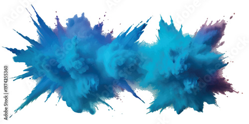 Vibrant explosion of multicolored powder particles in pink yellow and blue hues radiating outward against a clean white background creating a dynamic burst effect with scattered fine dust fragments