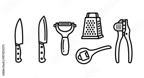 Kitchen utensils and gadgets collection.