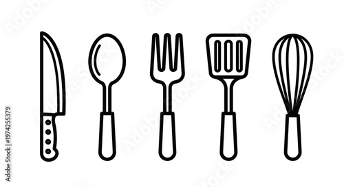 Kitchen Utensils Line Icon Set.