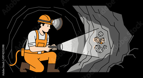 Man in orange mining outfit examining rocks.