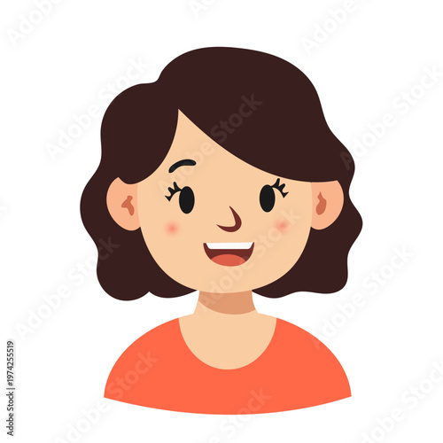 Happy Young Woman Character Avatar Icon with Short Wavy Brown Hair and Red Blouse Vector Illustration