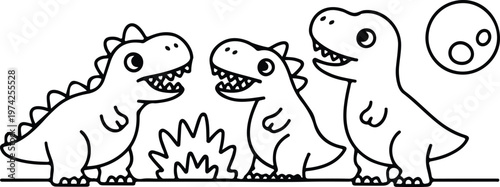 Minimalist black and white line art illustration of three cartoon dinosaurs in friendly poses isolated on clean white background