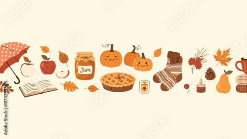 Horizontal border of autumn symbols includes pumpkins, a pie, jam, leaves, socks, and books on a cream background.