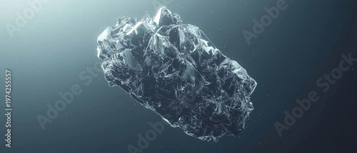 Large fragmented crystal object with intricate geometric facets suspended in a dark, particle-filled blue-grey space