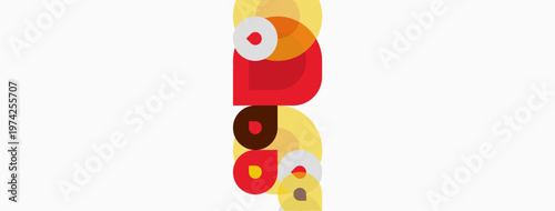 Abstract geometric shapes, vibrant colors, stacked design. Yellow, red elements dominate white background. Minimalist composition.
