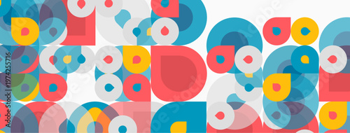 Colorful overlapping circles create abstract pattern. Bright hues, playful design, modern aesthetic. Simple shapes, vibrant composition.