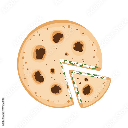 Traditional Indian Roti Vector Illustration with Single Sliced Piece Isolated on White