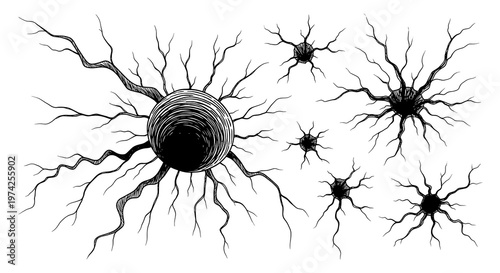 Hand-Drawn Sketch of Multiple Black Cracks Radiating on a White Background