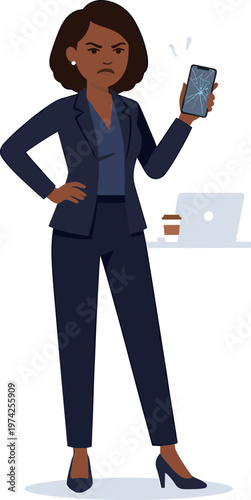 A frustrated businesswoman stands confidently with one hand on her hip while looking at her phone in a workplace setting with a laptop.